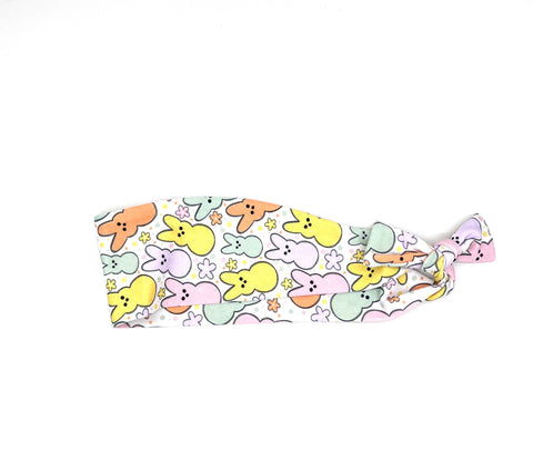 Headband with colorful Peeps marshmallow pattern on a white background