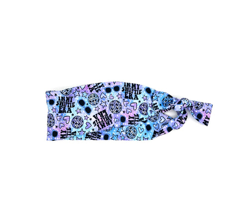 Swiftie Era blue and purple headband with disco balls, hearts and stars on white background